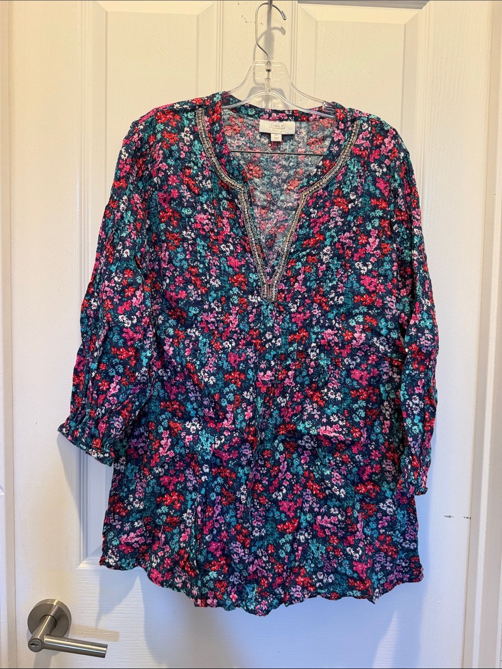 Charter Club Linen Luxury Tunic size 2XL Micro Floral Print Bejeweled Peasant